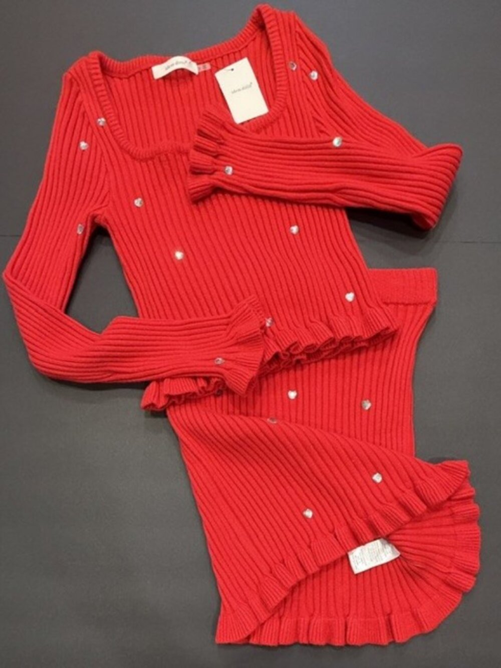 Idèm Ditto Red Rhinestone Knit Sweater Skirt Set Ruffle Hem NWT Small